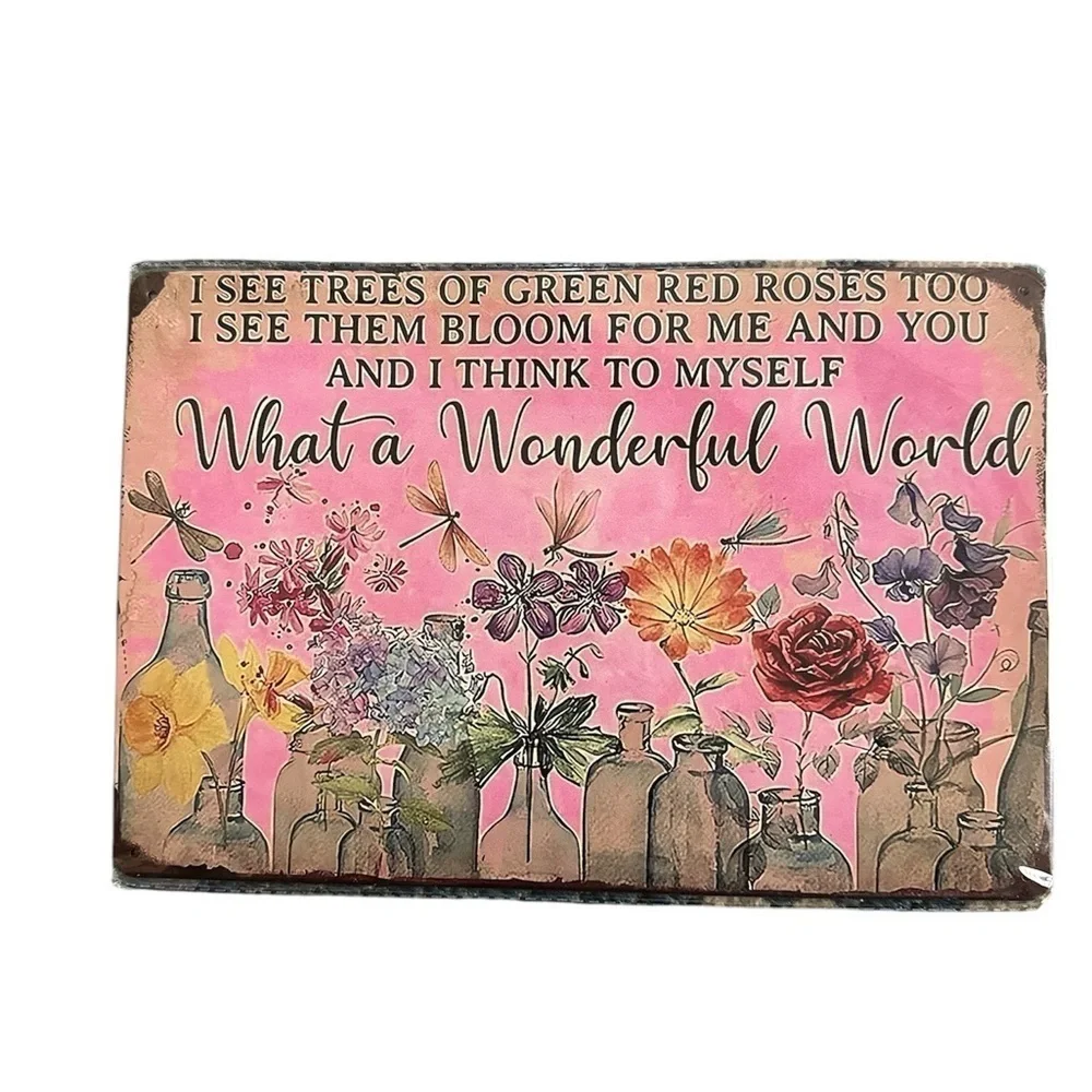 Wonderful World Metal Tin Floral Wall Art Home Garden Sign BNWT